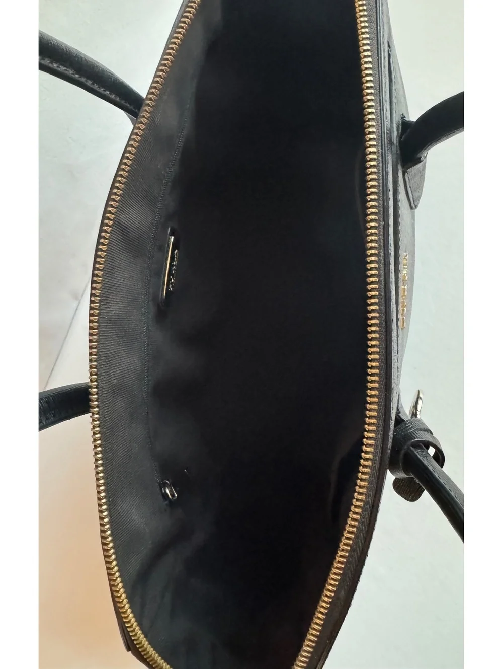 Furla Tessa Large Tote Black Saffiano Leather Gold F Charm Zip Top